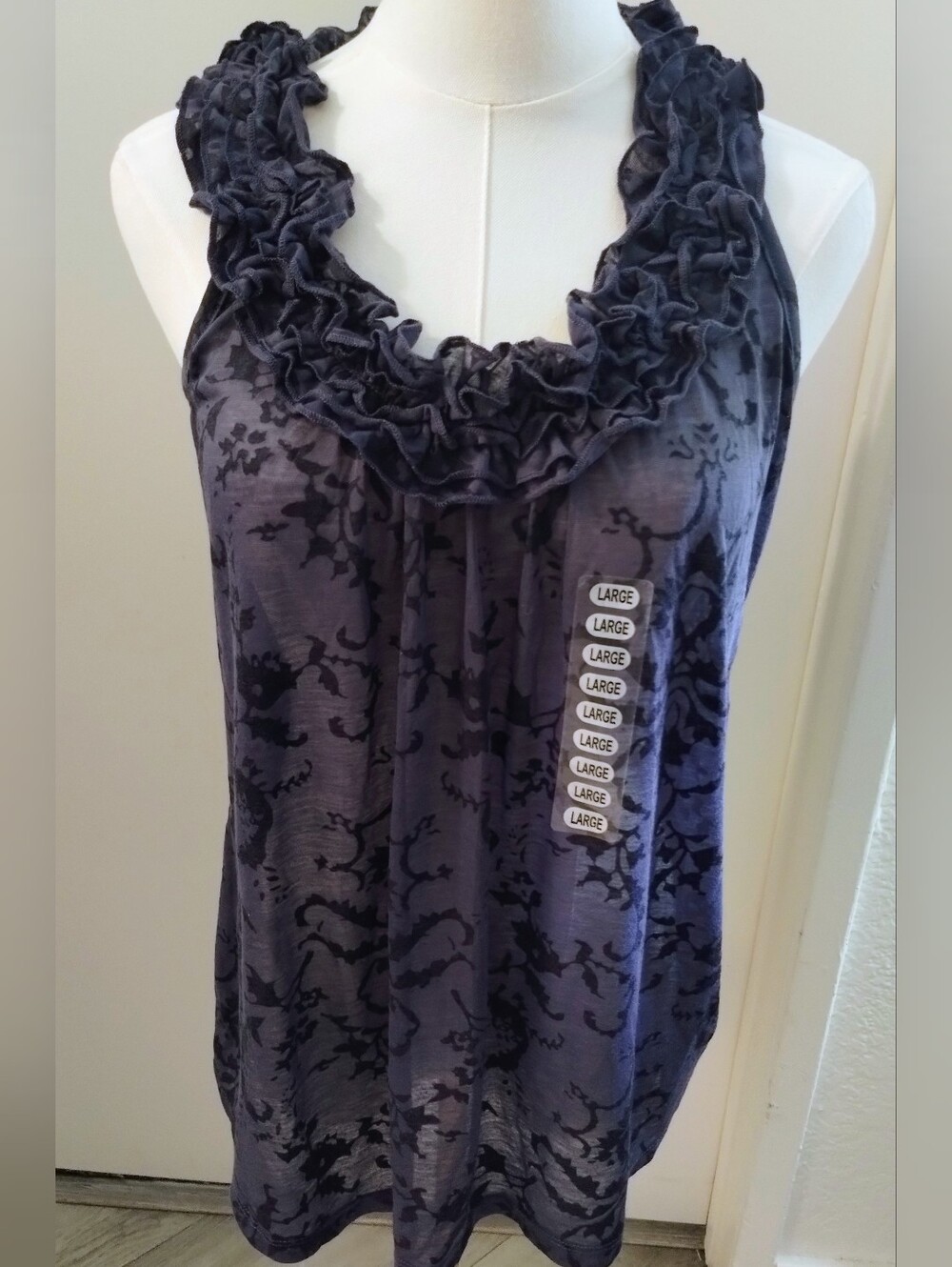 Ruffled Scoop Neck Sleeveless Top - Navy